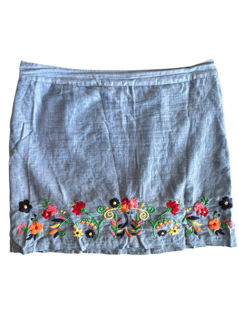 Talbots Size 18 Linen Blend Embroidered Floral Border Skirt Blue Chambray